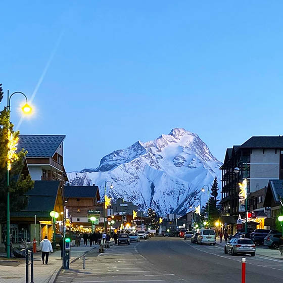 The main Les Deux Alpes street lined with Christmas decorations